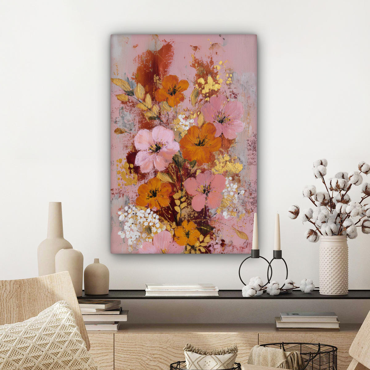 LEINWANDBILD Malerei - Blumen - Rustikal - Rosa Wanddeko 40x60 cm - Altrosa, Textil (40/60cm) - MuchoWow