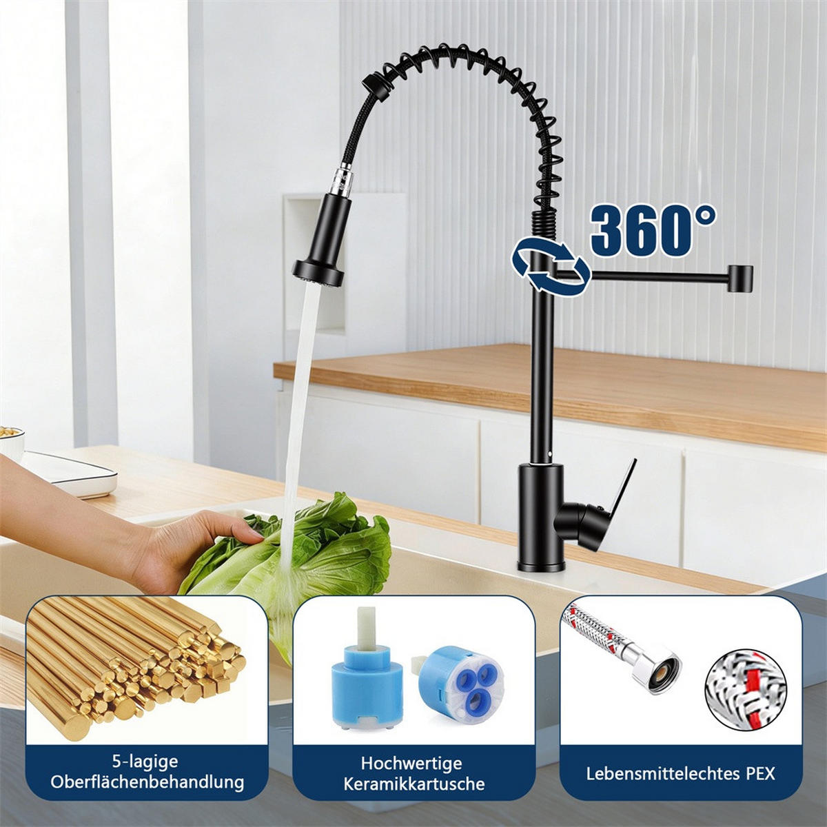 KÜCHENARMATUR Schwarz mit Herausziehbarer Geschirrbrause - Wasserhahn Küche mit 360° Drehbar Spülbecken Wasserhahn - Schwarz, Metall (17.5/46/4.5cm) - DELFA