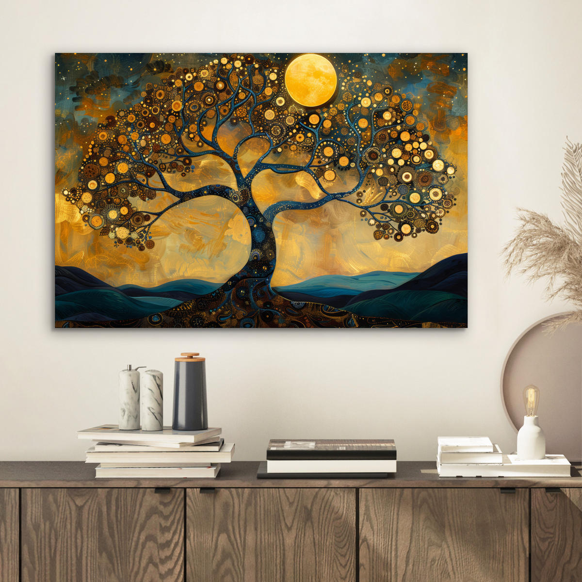 METALLBILD Baum - Mond - Blumen - Gold - Kunst 60x40 cm - Orange, Metall (60/40cm) - MuchoWow