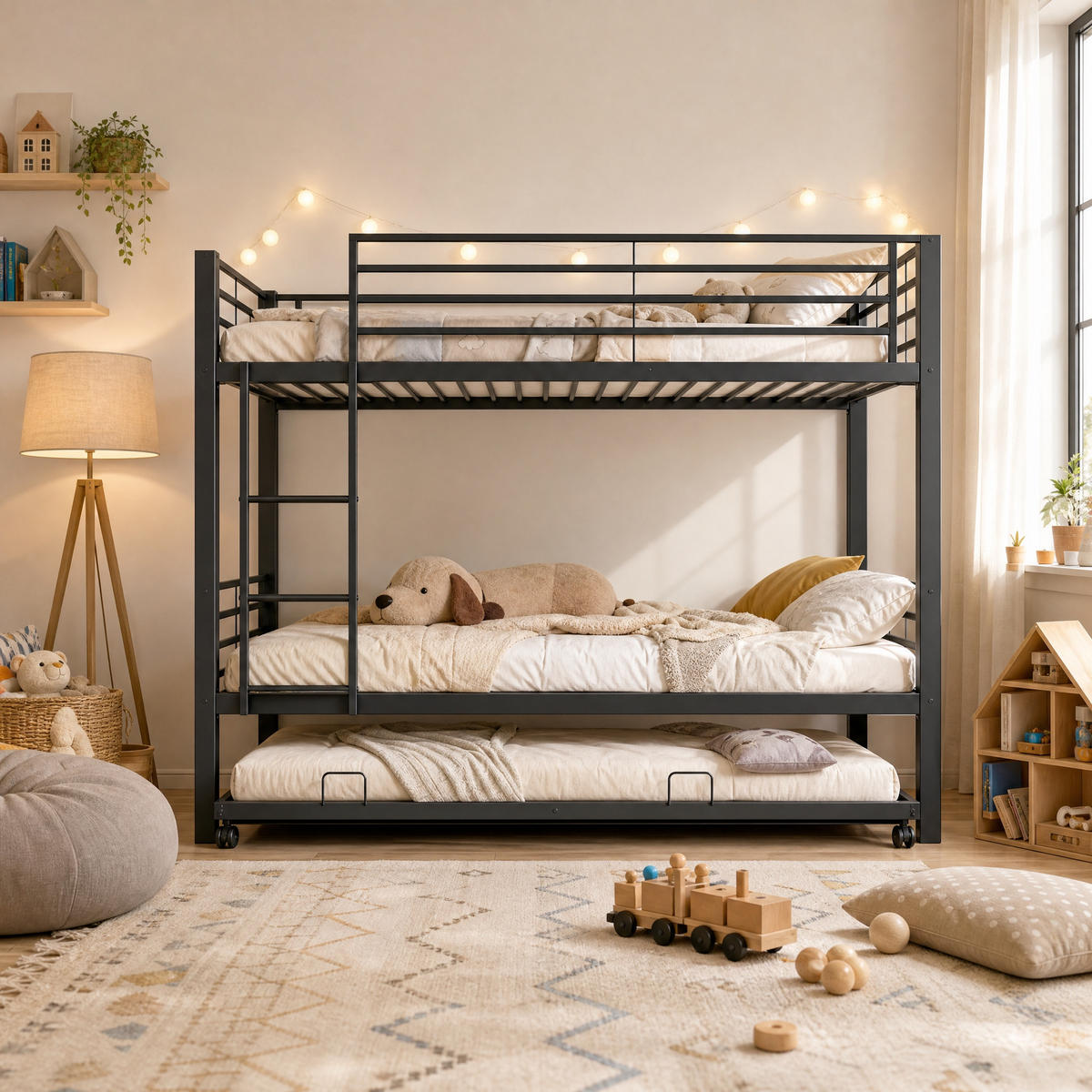 ETAGENBETT 90/200 cm mit Ausziehbett und Leiter, DE-41954, in Schwarz - Schwarz, Metall (90/200cm) - ComfortXL