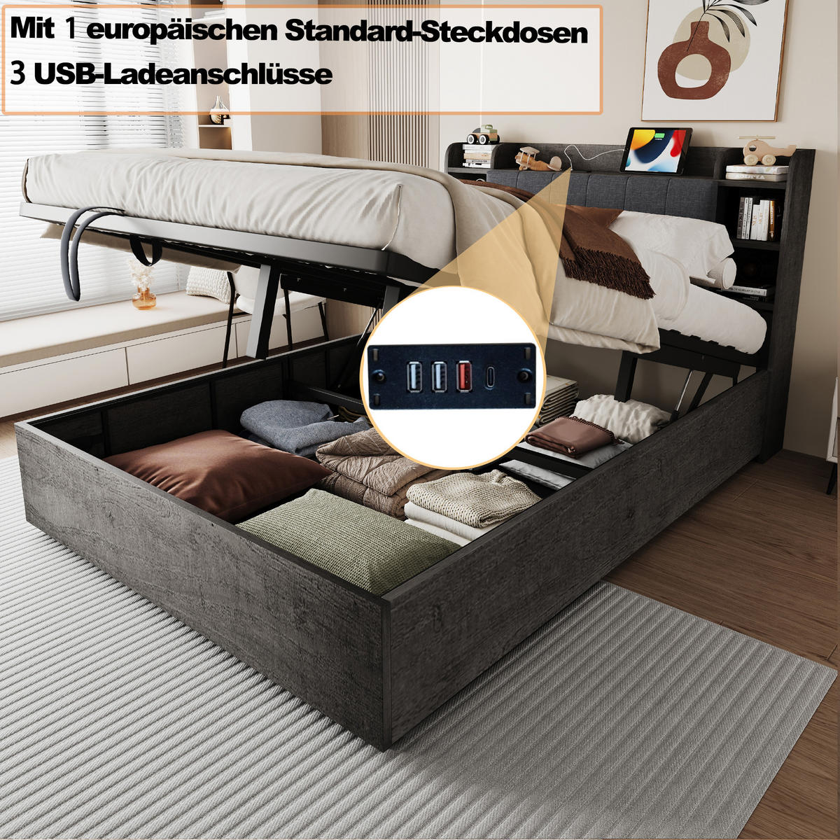 POLSTERBETT 180/200 cm Grau mit Stauraum, Ausgestattet mit USB und Tape-C-Steckdose - Grau, Holz (180/200cm) - Oxeza