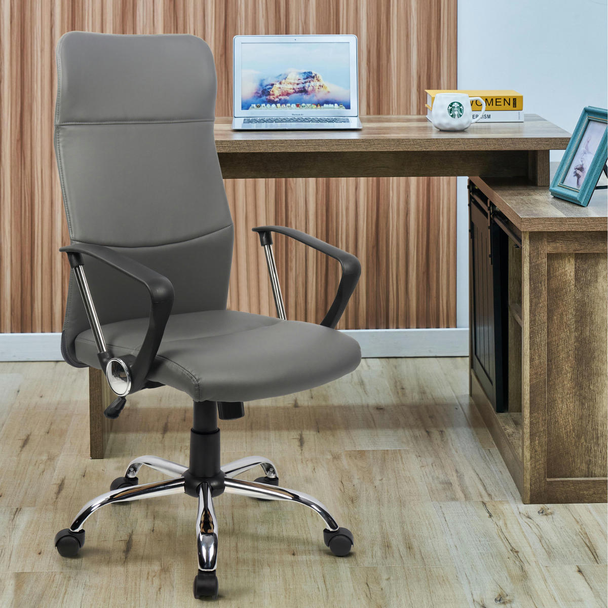 BÜROSTUHL Aiko Schreibtischstuhl Arbeitsstuhl Chefsessel mit Rollen Armlehnen hohe Rückenlehne höhenverstellbar Wippmechanismus Grau - Grau, Kunststoff (61/119/52cm) - SVITA