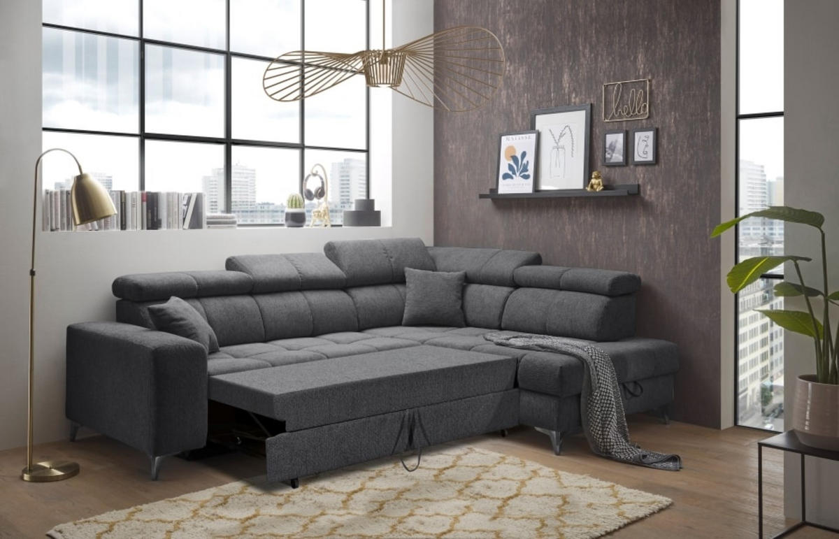 ECKSOFA mit Schlaffunktion und Bettkasten, Luxus-Mikrofaser - Anthrazit/Schwarz, Textil/Metall (198/282cm) - ed exciting design