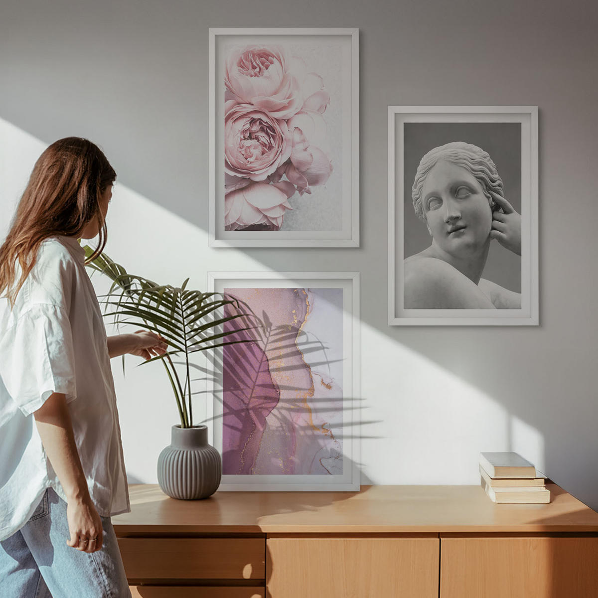 BILDER SET 3er Set - 40x60 cm Weißer Rahmen - Pfingstrosen abstrakte Frauenskulptur - Weiß, Kunststoff (40/60cm) - TULUP