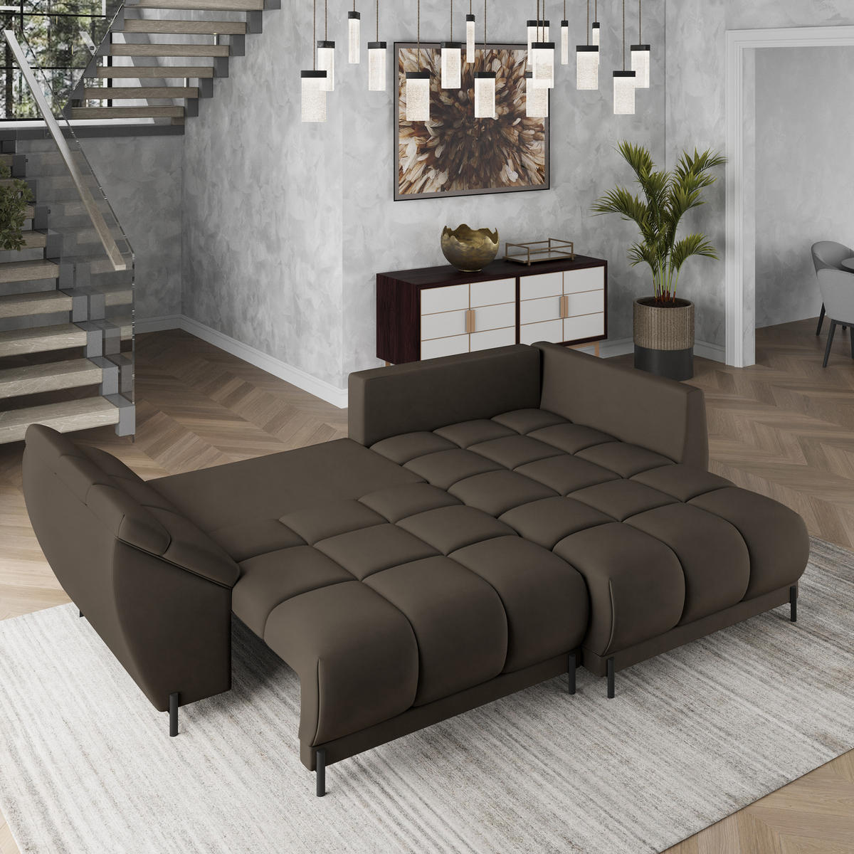 ECKSOFA VESTANO R-S Braun Velours-Stoff mit Schlaffunktion - Braun, Holz (287/182cm) - MASSENO