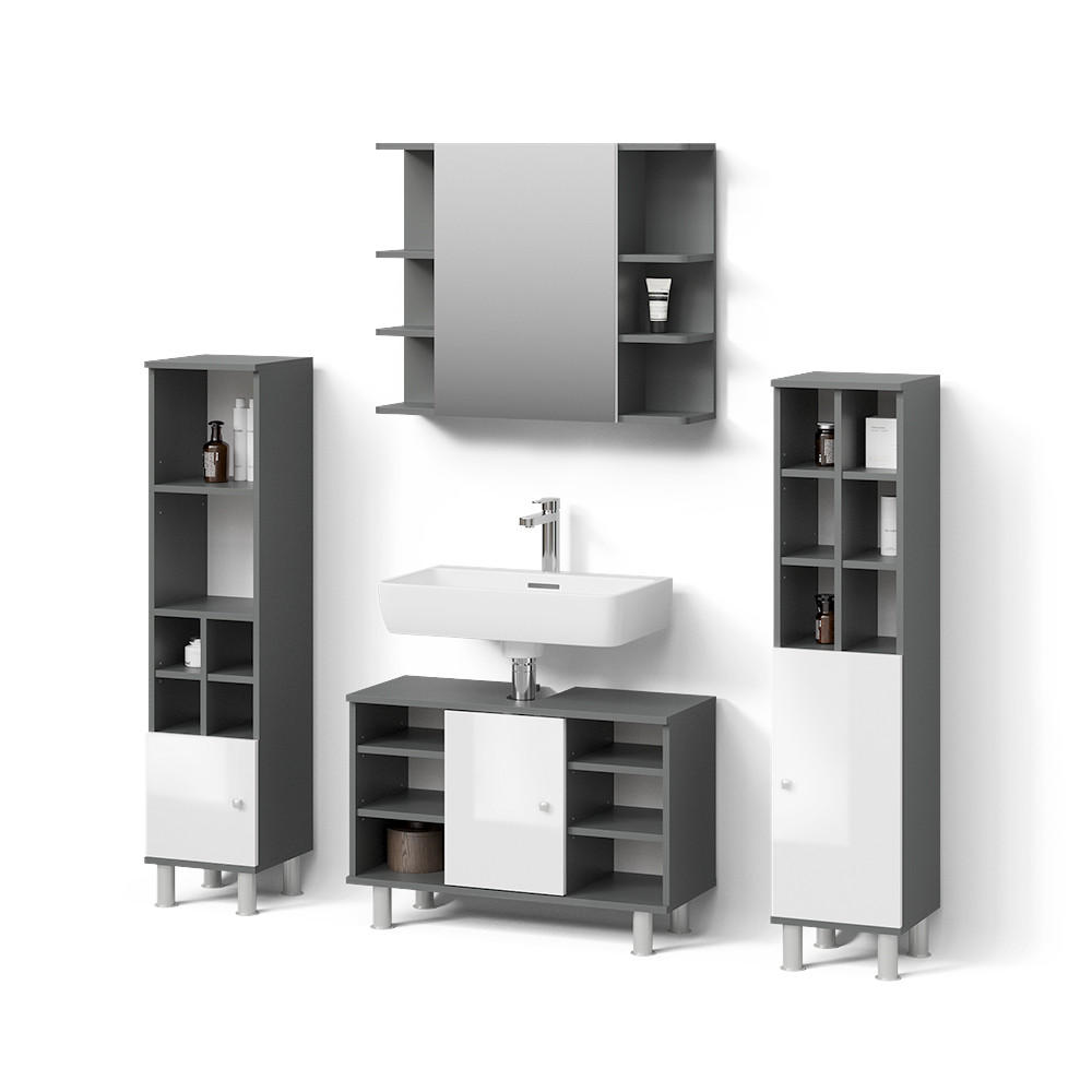 BADMÖBEL-SET Fucino Anthrazit 4 Teile, mit Midischränke - Anthrazit/Weiß, Holzwerkstoff (80/54/32cm) - Livinity®