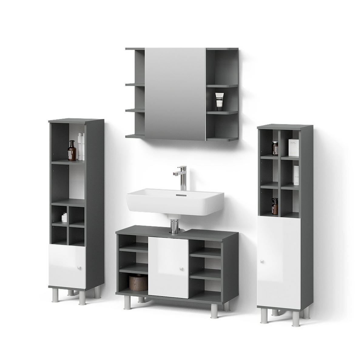 BADMÖBEL-SET Fucino Anthrazit 4 Teile, mit Midischränke - Anthrazit/Weiß, Holzwerkstoff (80/54/32cm) - Livinity®