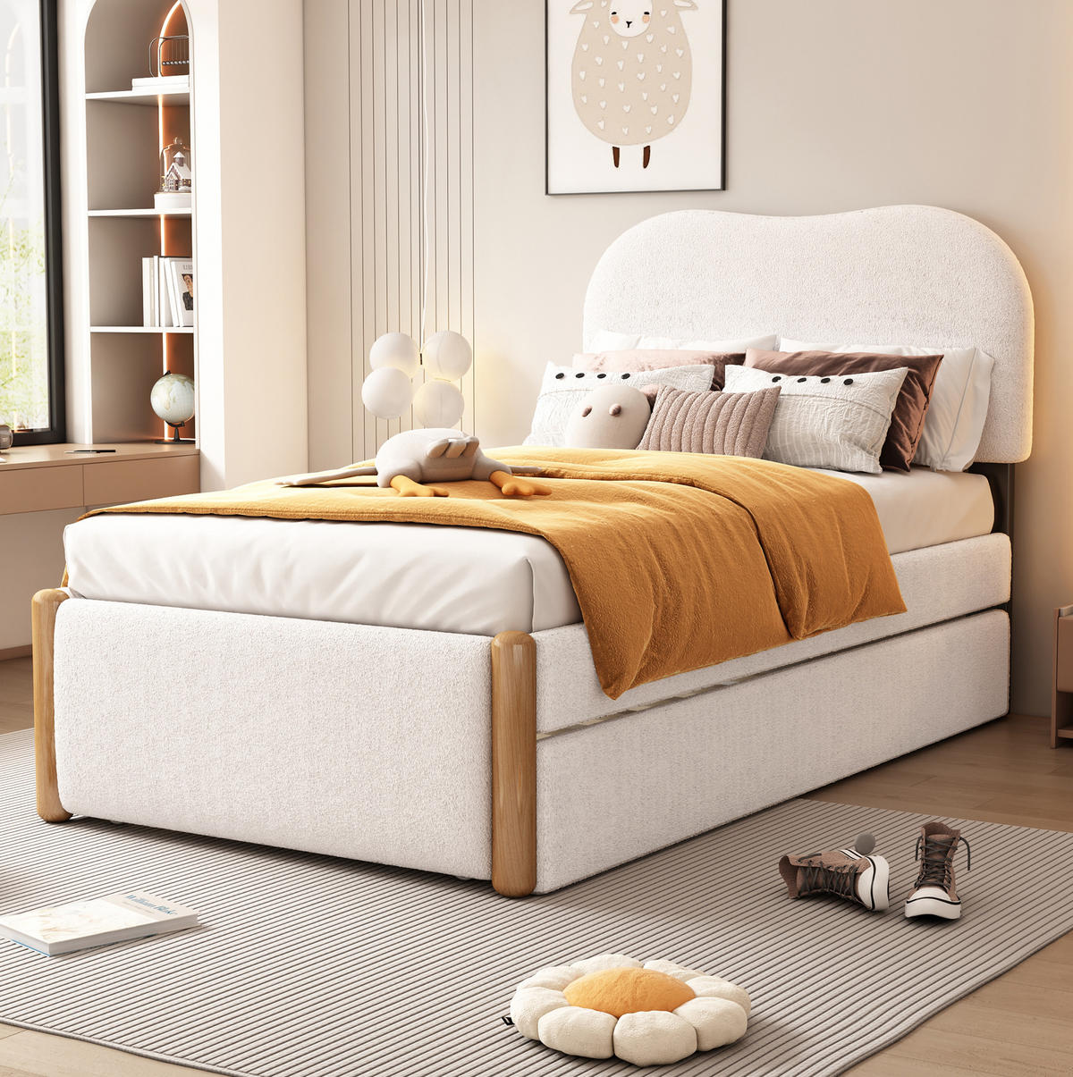 POLSTERBETT 90/200 cm aus Plüsch und MDF mit ausziehbarem Rollbett Weiß - Weiß, Textil (90/200cm) - Modenvie