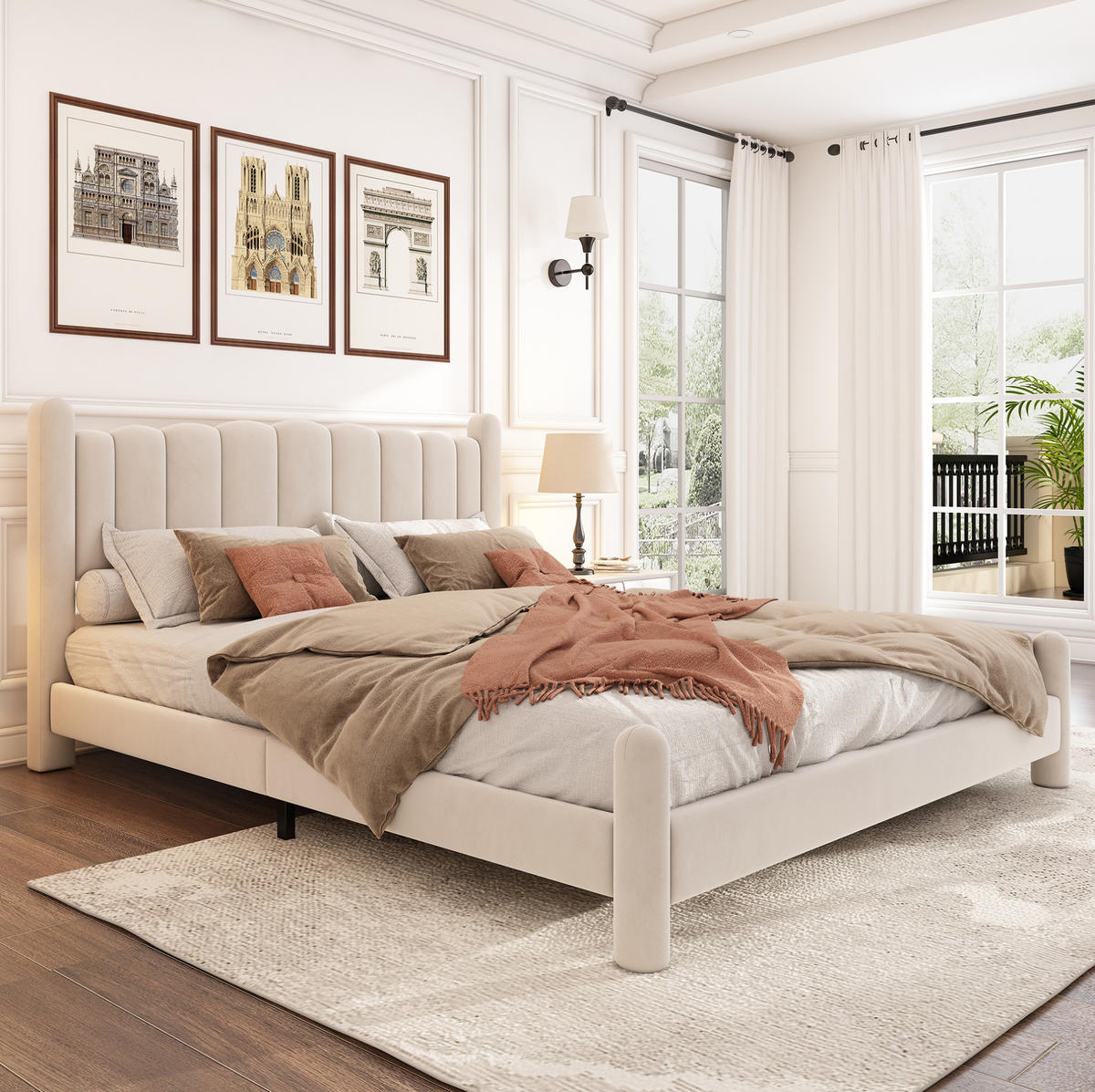 POLSTERBETT 180/200 cm mit Lattenrost, wellenförmigem Kopfteil und zylindrischen Füßen aus Samt, Beige - Beige, Textil (180/200cm) - Redom