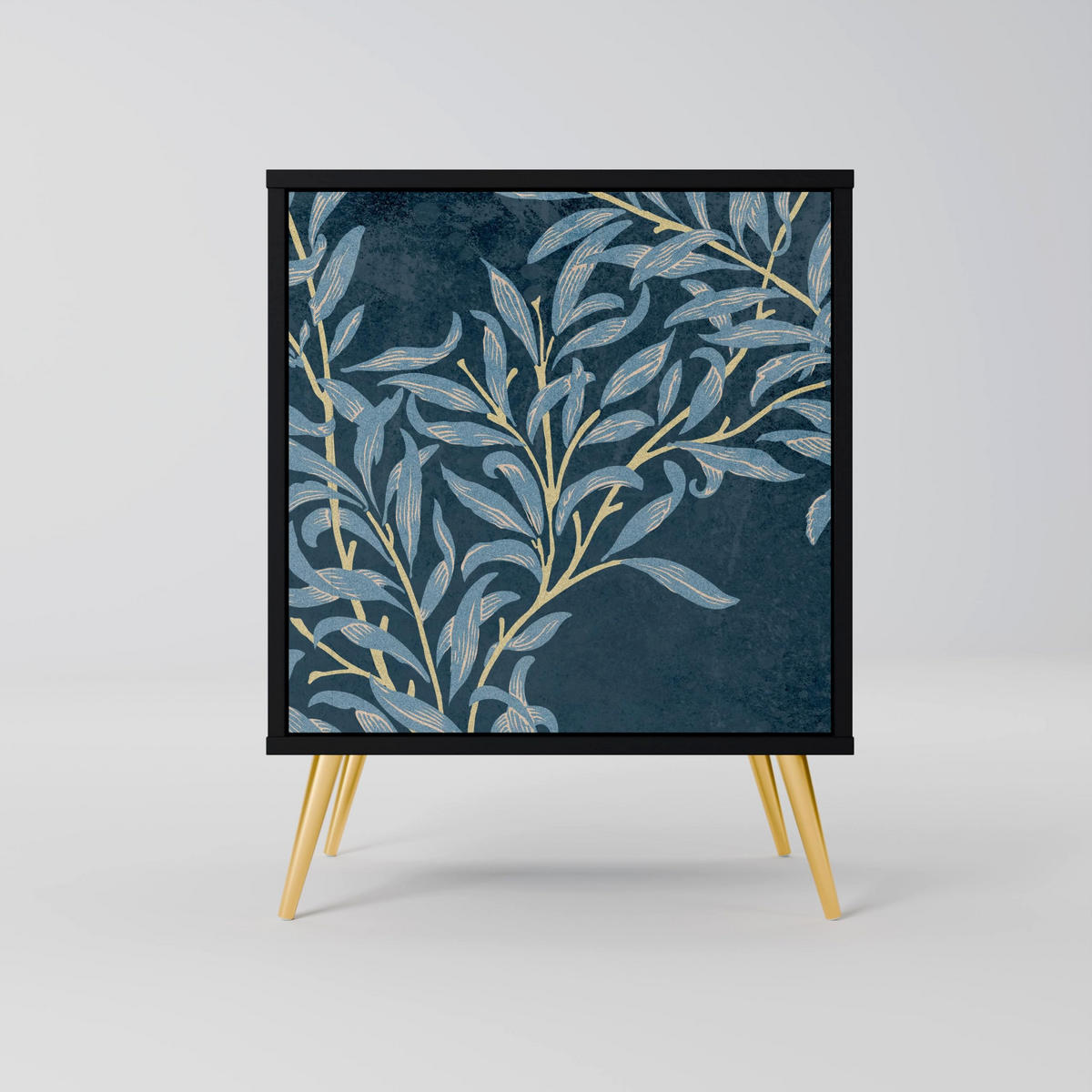 SIDEBOARD BLUE LEAVES, Schwarz, 57,5x42x67,5 cm, Schwarze Metall-Rahmenfüße - Multicolor/Schwarz, Holzwerkstoff/Metall (57.5/67.5/42cm) - SpaceRebels
