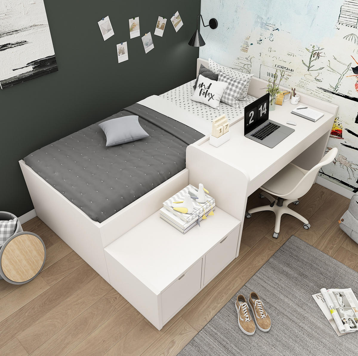 KINDERBETT 90/200 cm Weiß Multifunktionales Bett mit Schreibtisch und Stauraum - Weiß, Holzwerkstoff (90/200cm) - OKWISH