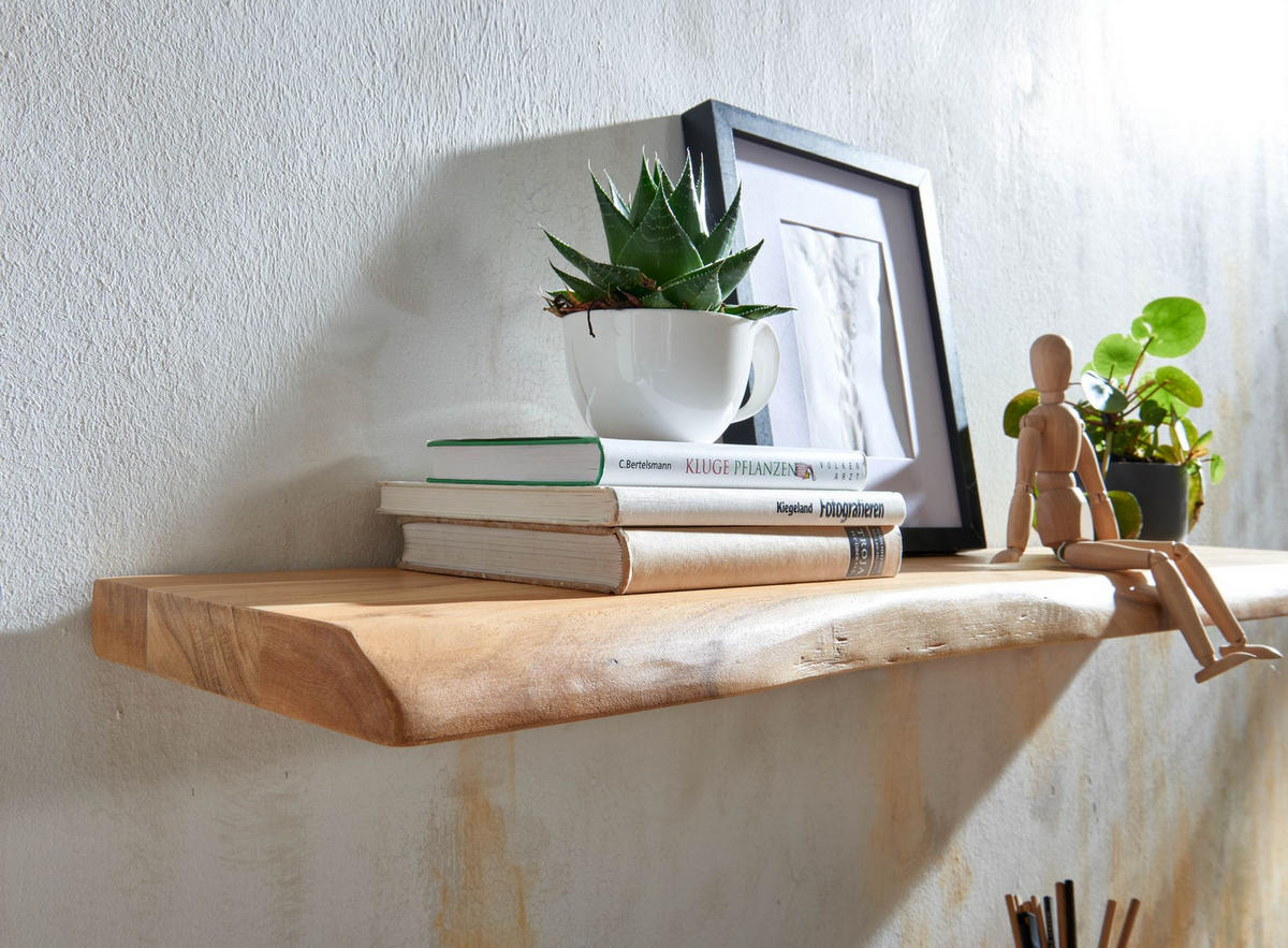 WANDREGAL Akazienholz Baumkante Rustikal, Beige 120x26x4 cm - Beige, Holz (120/4/26cm) - KADIMA DESIGN