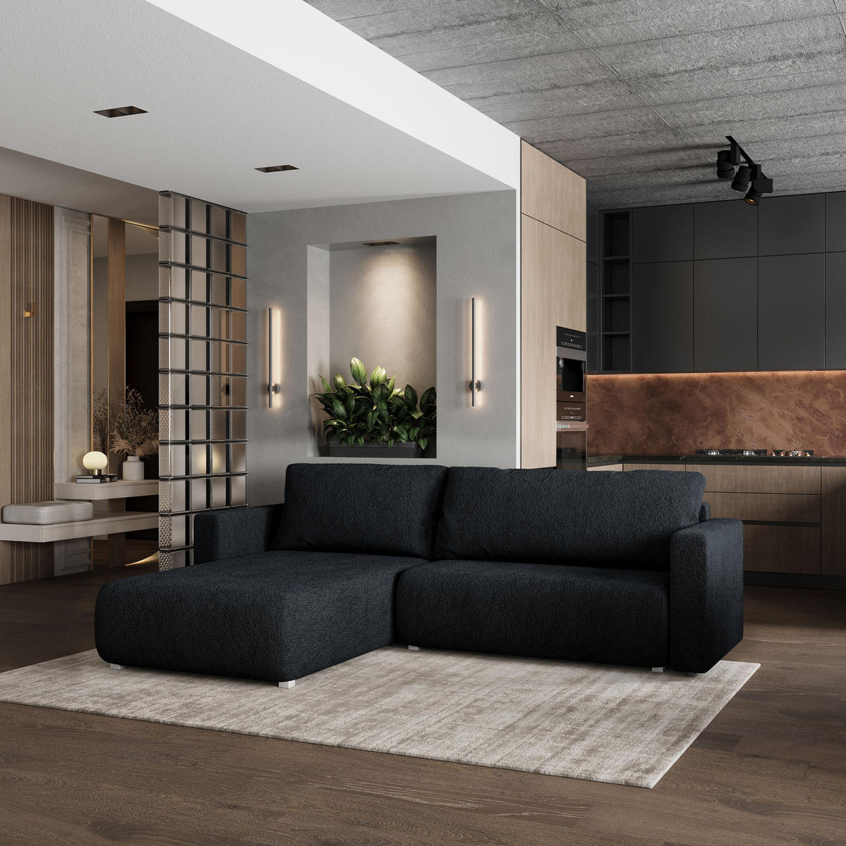 ROHOVÁ SEDAČKA TURIN černá - šedá/černá, dřevo/textil (265/183cm) - MASSENO