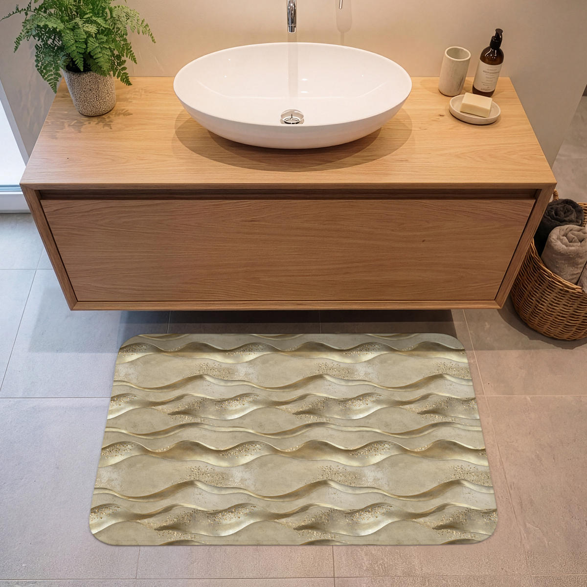 KOUPELNOVÁ PŘEDLOŽKA Vlny - vzor - zlaté 90x60 cm - barva mosazi, textil/plast (90/60cm)