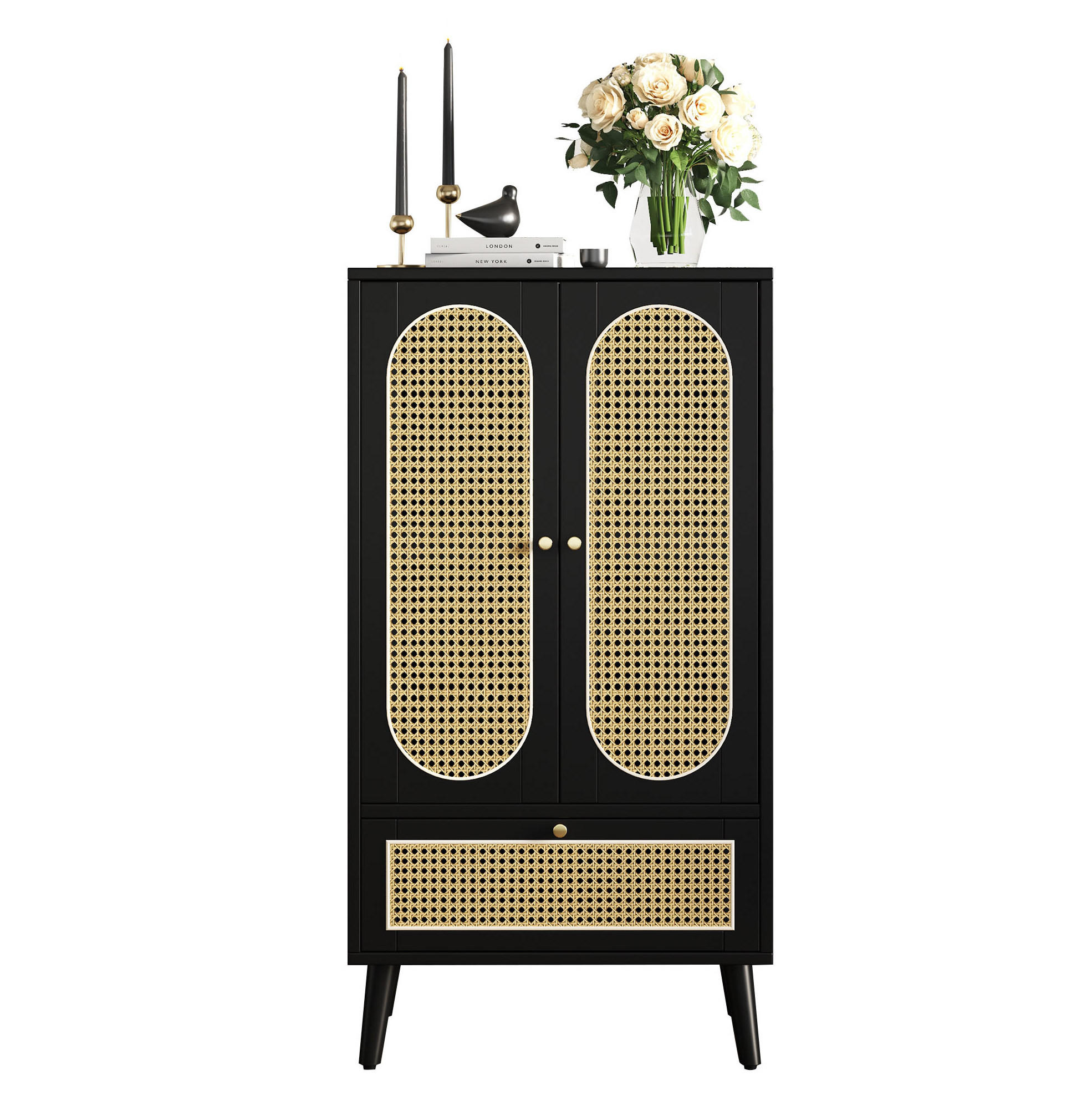 SIDEBOARD 60/40/110,5 cm aus Spanplatte mit Rattan-Fronten Schwarz - Schwarz, Holzwerkstoff (40/110.5/60cm) - Modenvie