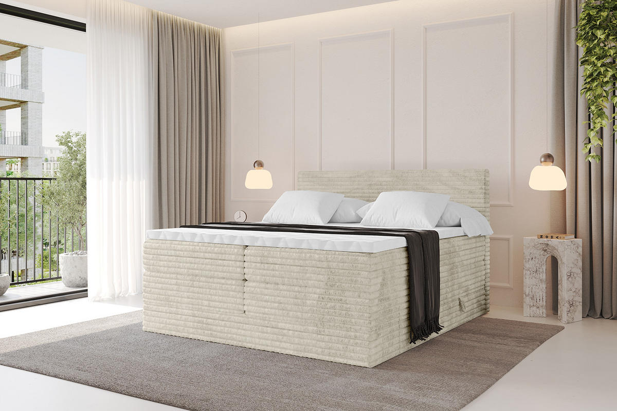 BOXSPRINGBETT mit Matratze H3|H4 und Lattenrost - TOLO KING-v1 140x200 Cord - Creme - Champagner, Holzwerkstoff (140/200cm)