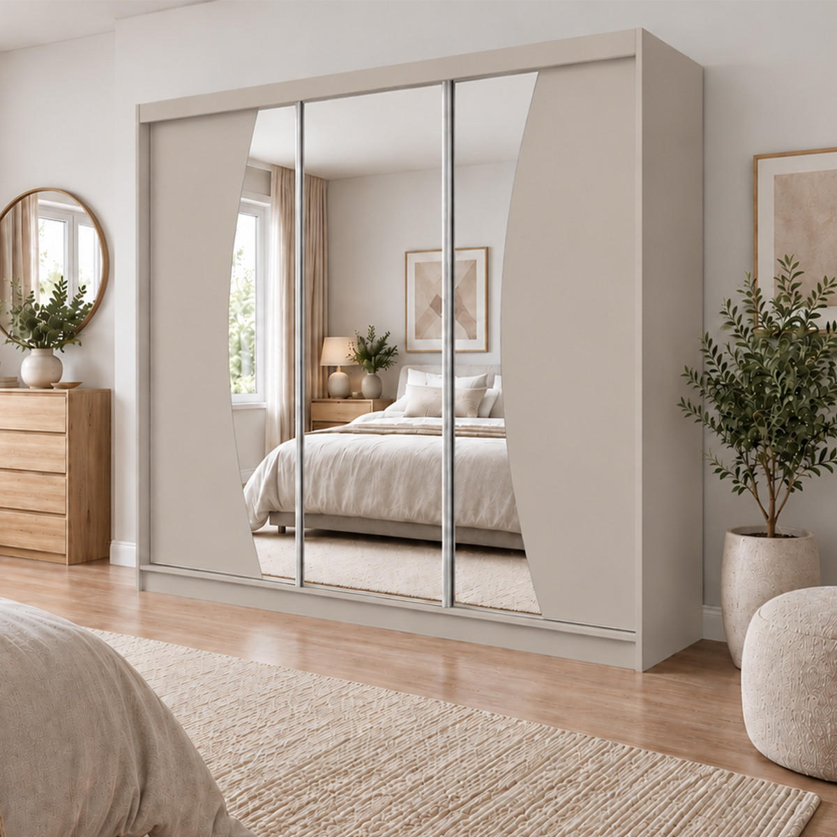 KLEIDERSCHRANK Nox 240 cm Kaschmir Spiegel 4 Schubladen Griffe silber - Kaschmir, Holzwerkstoff (240/216/61cm) - KS Home Concept