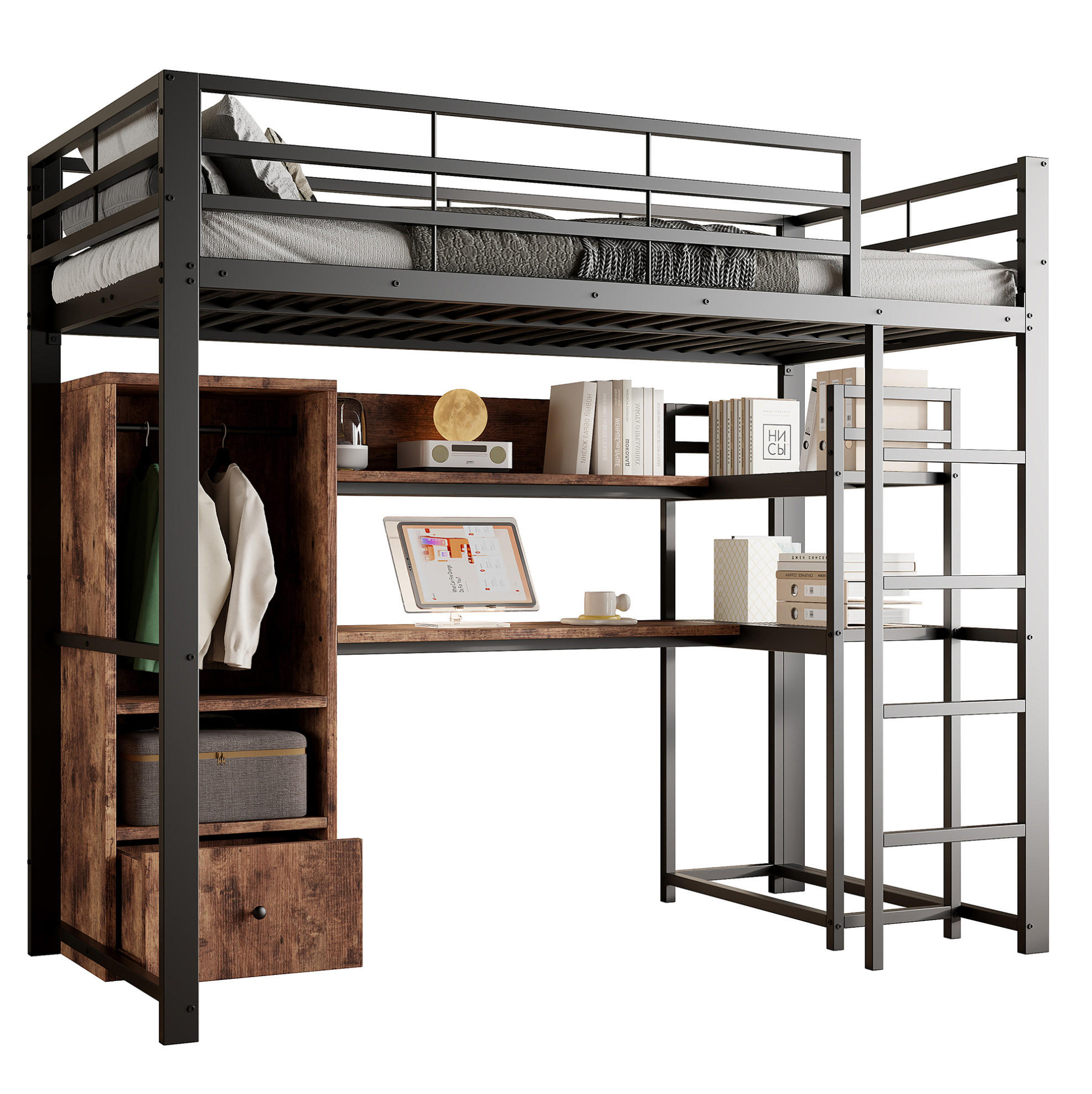 HOCHBETT 140/200 cm aus Metall und MDF mit LED-Beleuchtung und Schreibtisch - Schwarz, Holzwerkstoff (140/200cm) - Flora Grace