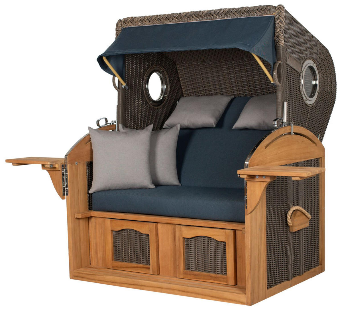 STRANDKORB Komplettset: Borkum XL Teak Bullauge - PE grau - Modell 593 - Grau, Holz/Kunststoff (142/170/95cm) - bene living