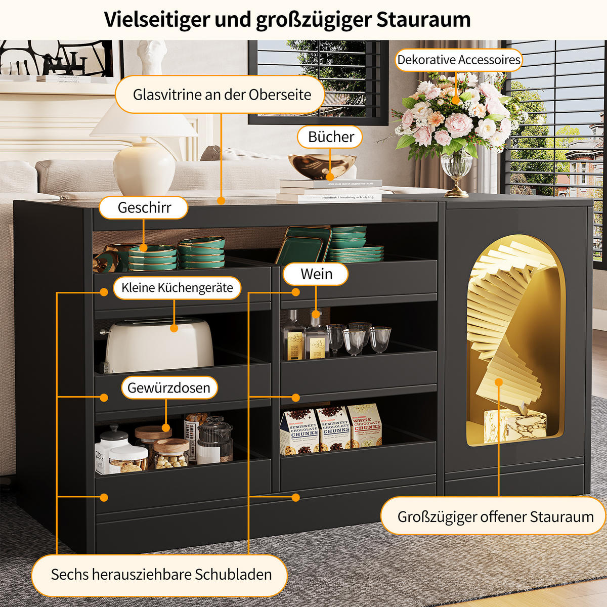 SIDEBOARD in Schwarz Anrichte mit LED, 6 Schubladen und Tür, für Wohnzimmer und Esszimmer, B120/T40/H75cm - Transparent/Schwarz, Glas/Holzwerkstoff (120/75/40cm) - STILVORA