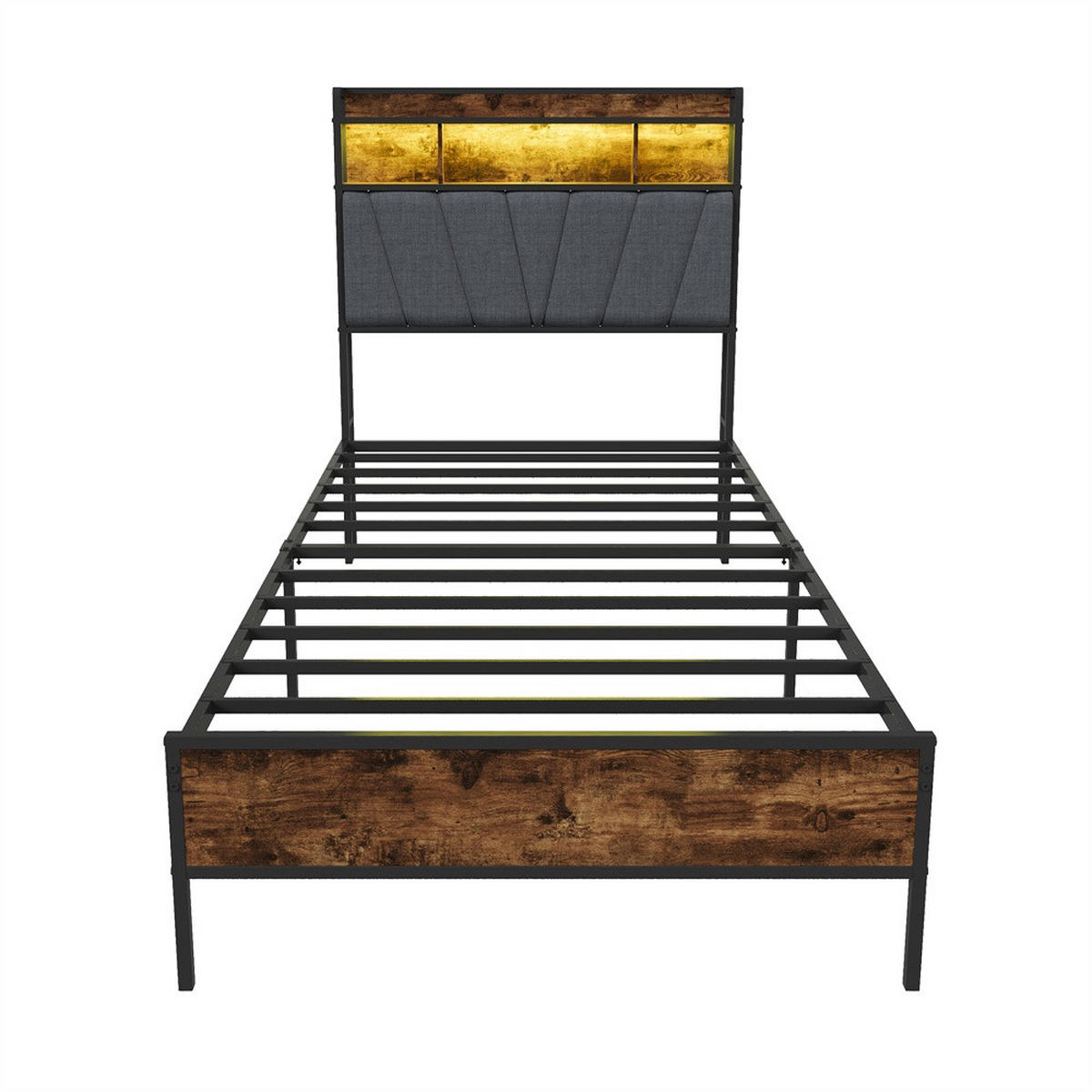 METALLBETT 90x200 cm mit LED Beleuchtung - Kopfteil-Stauraum - USB&USB-C - Schwarz+Grau - ohne Matratze - Schwarz, Metall (90/200cm) - DELFA
