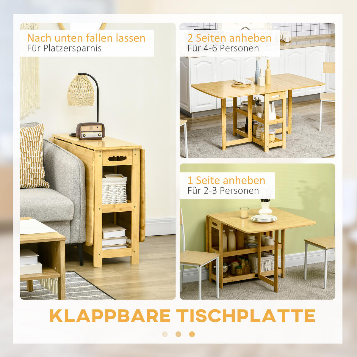 ESSTISCH 149,5/80/73,5 cm klappbar mit 2 Ablagefächern und verstellbaren Füßen aus Bambus, Naturholz - Braun, Holz (149.5/80/73.5cm) - Redom