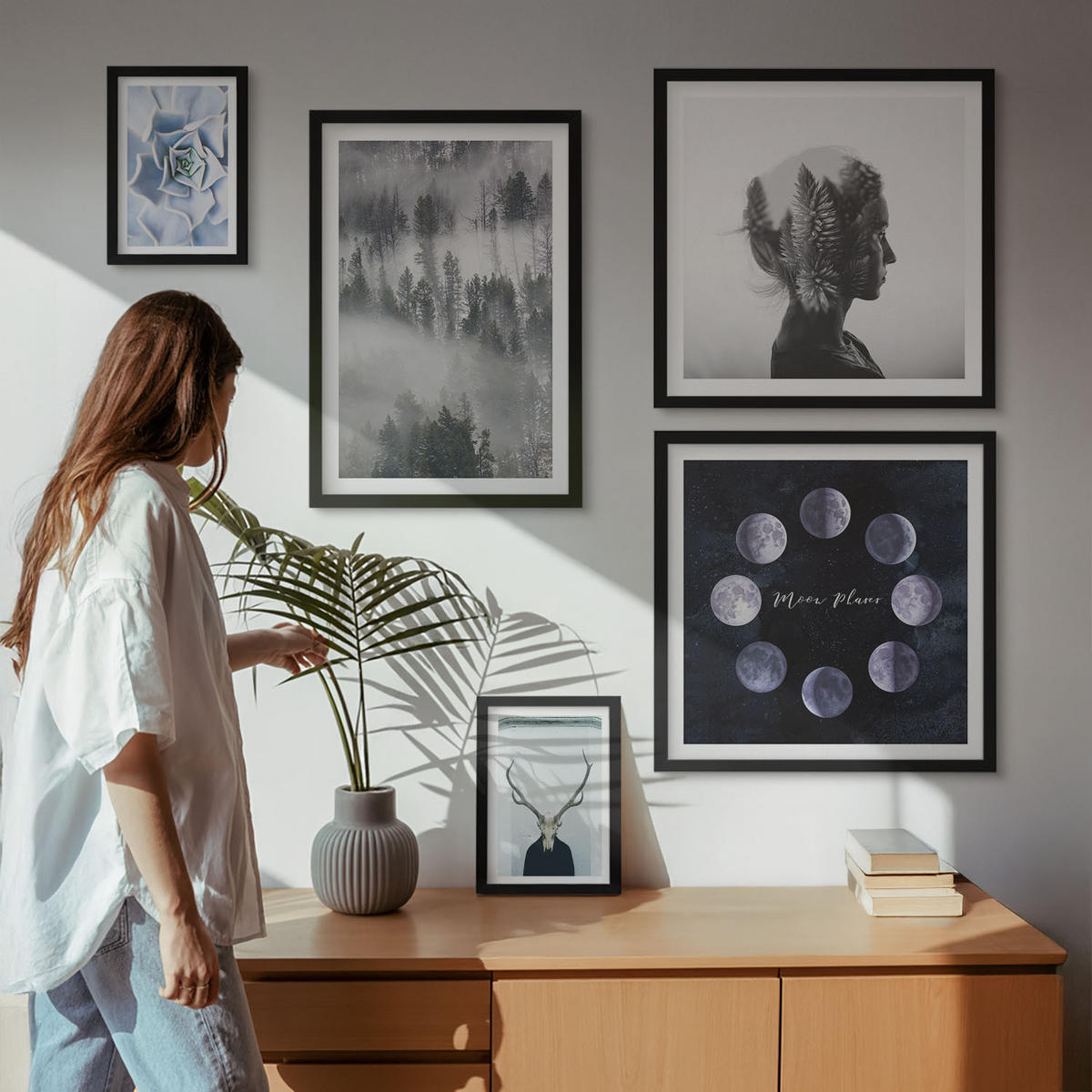 WANDBILDER 5er-Set - 50x50 cm & 20x30 cm & 40x60 cm Schwarzer Rahmen - Waldnebel, Mond, Schädel, Frau - Schwarz, Kunststoff (40/60cm) - ArtPrintCave