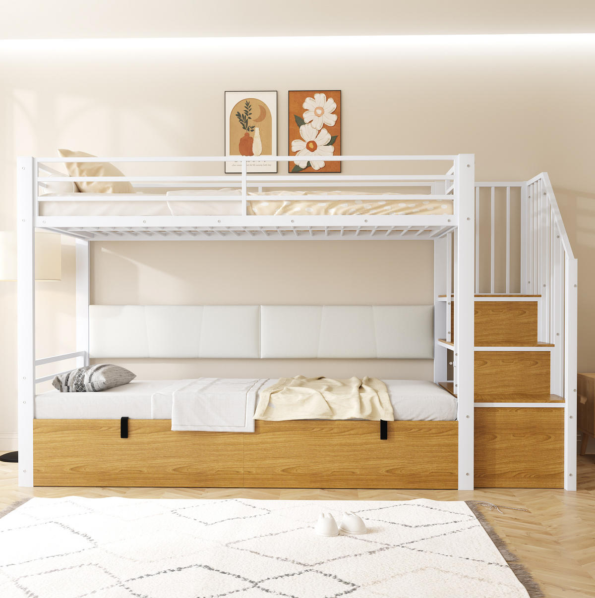 ETAGENBETT 90/200 cm weiß aus Metall und MDF mit Stauraum - Weiß, Metall (90/200cm) - OKWISH