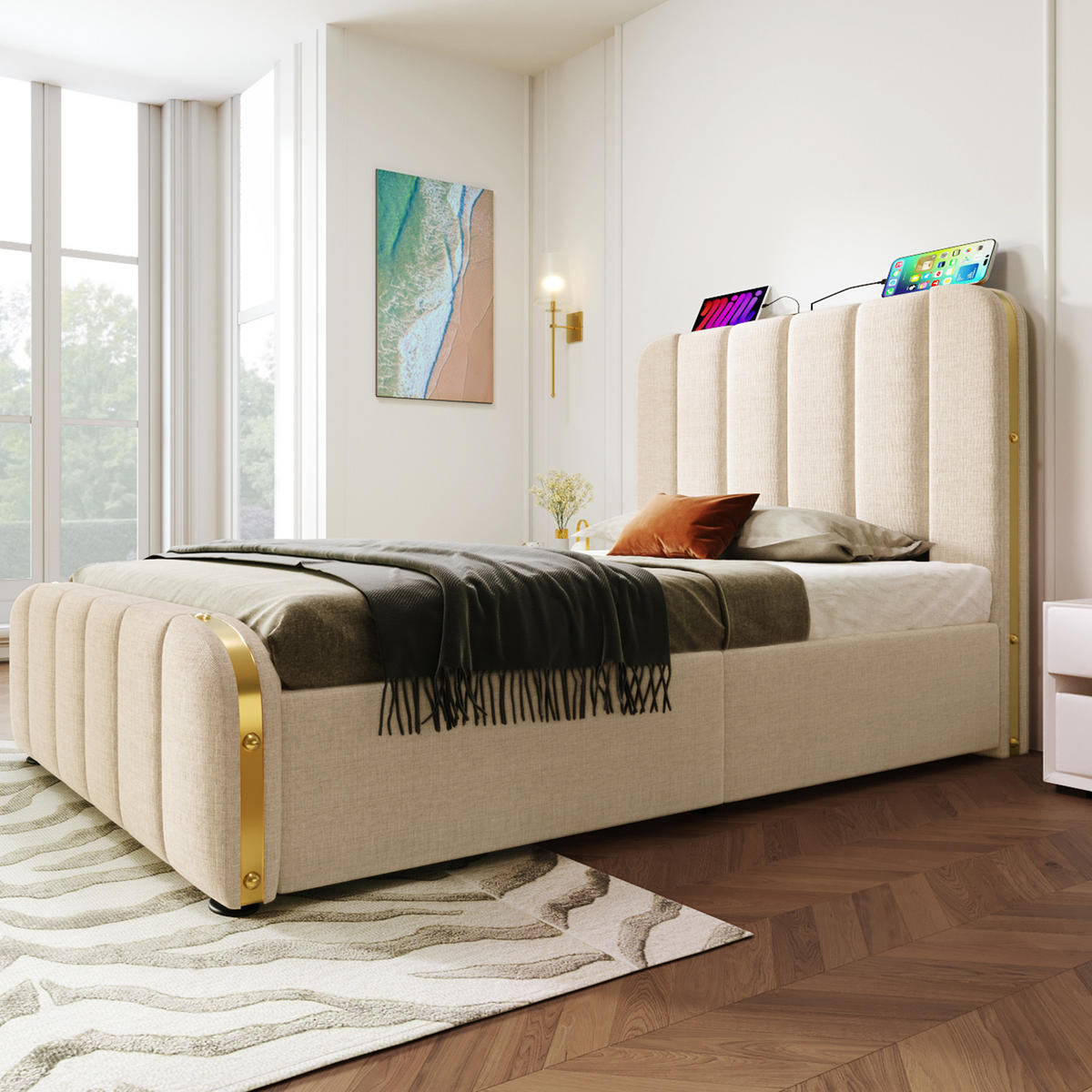 POLSTERBETT 90/200 cm Beige mit hydraulischem Stauraum und USB-anschlüssen - Beige, Textil (90/200cm) - OKWISH