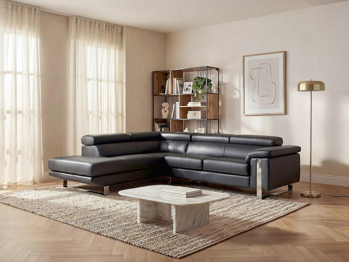 SOFA - 5 Personen - leder - schwarz Mystique - Schwarz, Leder/Metall (253/87/213cm) - Vente-Unique