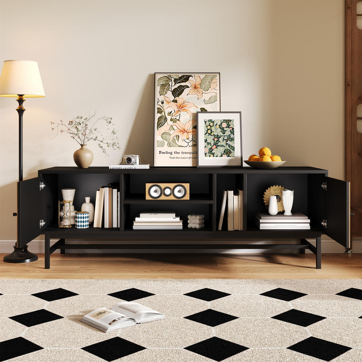 TV-MÖBEL Schwarz und Holzoptik 150/38/55 cm - Schwarz, Holzwerkstoff (38/55/150cm) - Urban Meuble