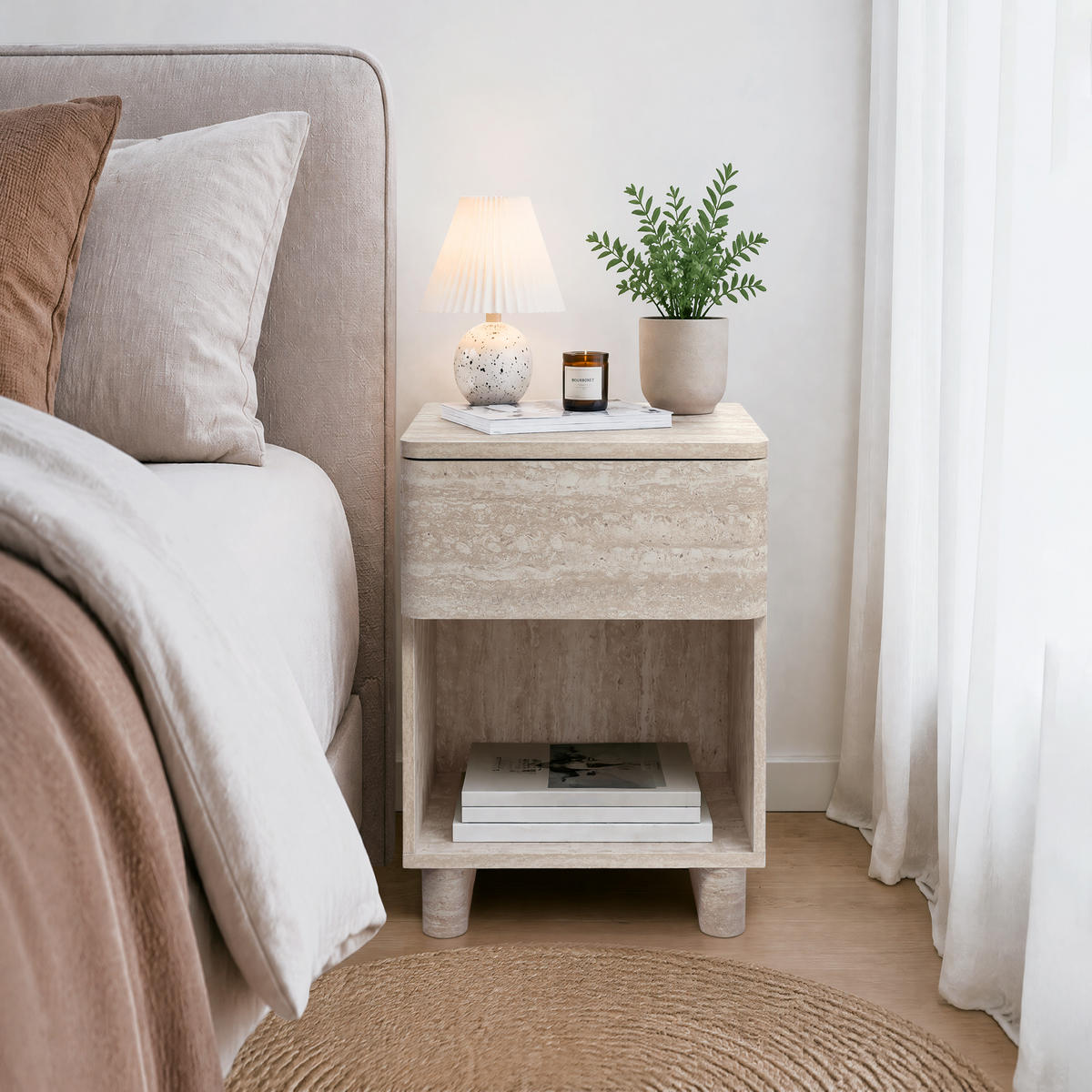 NACHTTISCH in Travertin-Optik | B53 x T45 x H50 cm - Beige, Holzwerkstoff (40/54/40cm) - Hometopia