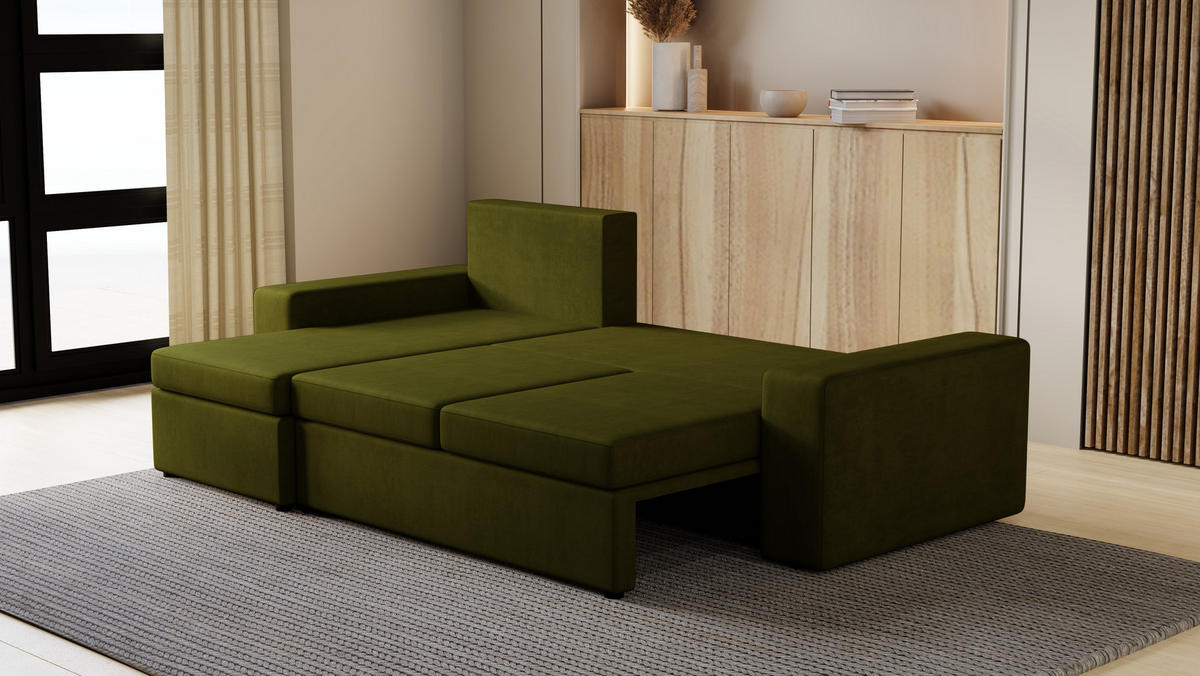 ECKSOFA Paco mit Bettkasten und Schlaffunktion, L-Form/XL-Form, Velourstoff, Universal - Olivgrün, Holzwerkstoff (246/145cm) - 4ALL HOME