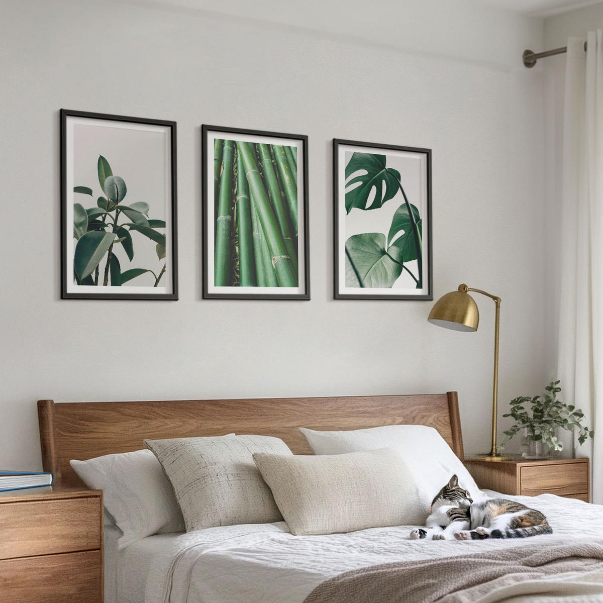 BILDER SET 3er Set - 40x60 cm Schwarzer Rahmen - Bambusstängel und Monstera-Blätter - Schwarz, Kunststoff (40/60cm) - TULUP