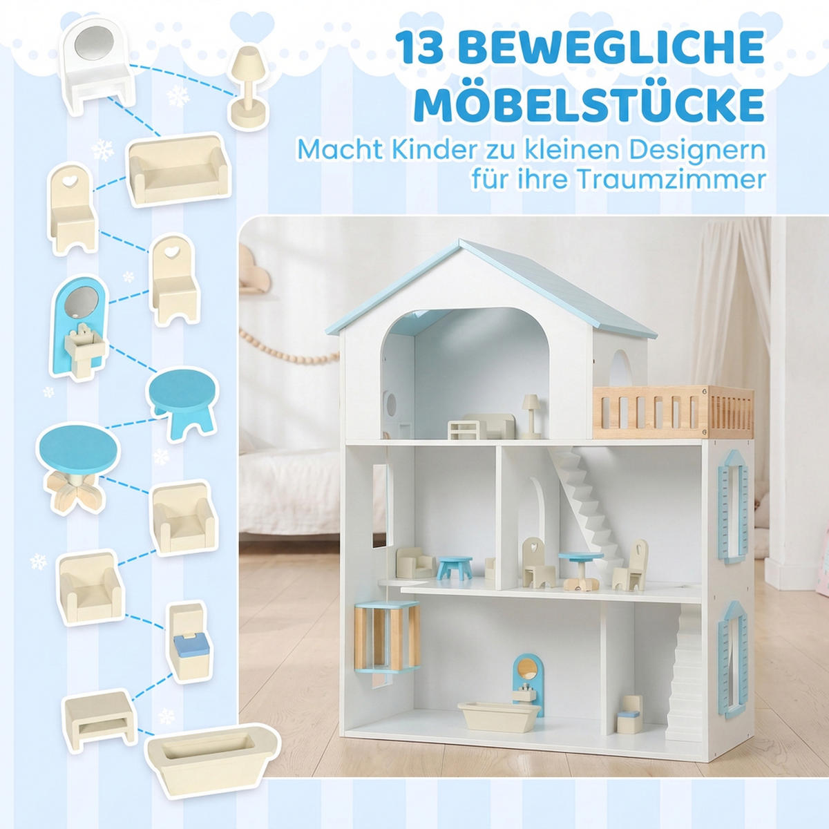 PUPPENHAUS MDF Kiefernholz Blau - Blau, Holzwerkstoff (29.5/79.5/63.5cm) - AIYAPLAY