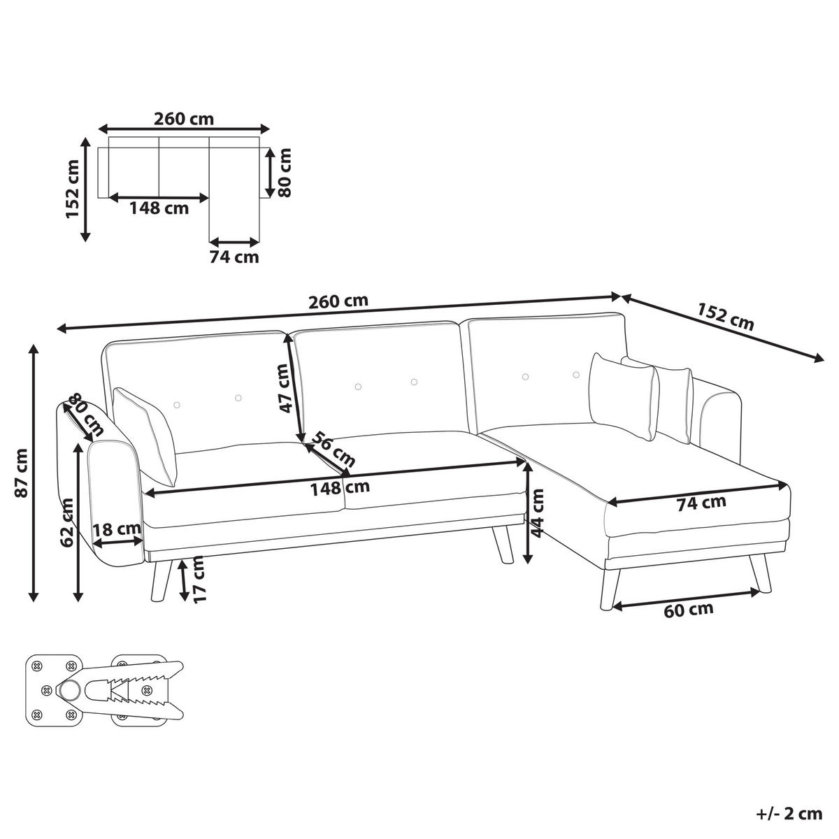 ECKSCHLAFSOFA 3-Sitzer Stoff Hellbraun linksseitig Kaarina - Hellbraun, Textil (260/152cm) - Beliani
