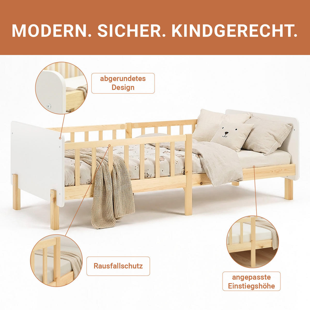 KINDERBETT Weiß 90/200 Lattenrost Rausfallschutz - Weiß, Holz (100/67/208cm) - Homestyle4u
