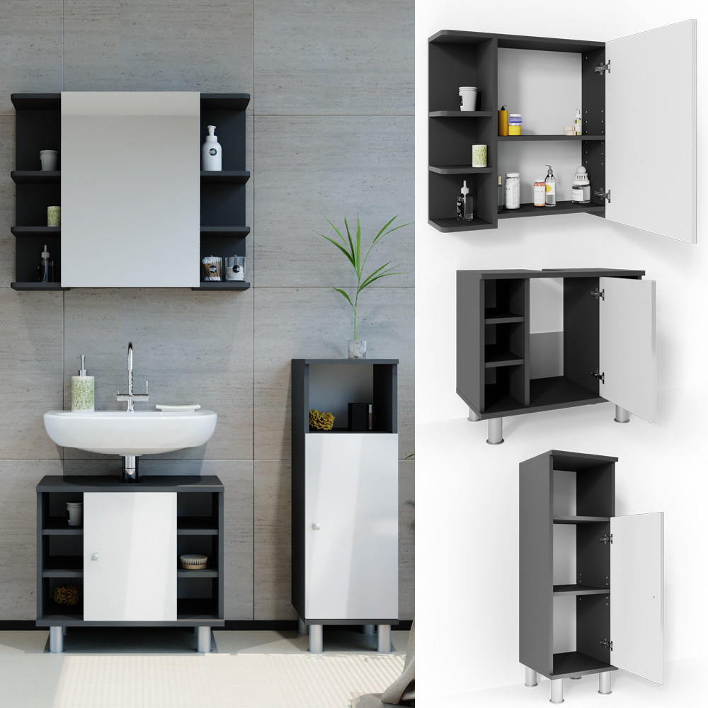 BADMÖBEL-SET Fynn Anthrazit 3 Teile, mit Midischrank - Weiß Hochglanz/Anthrazit, Holzwerkstoff (60/54/32cm) - Vicco