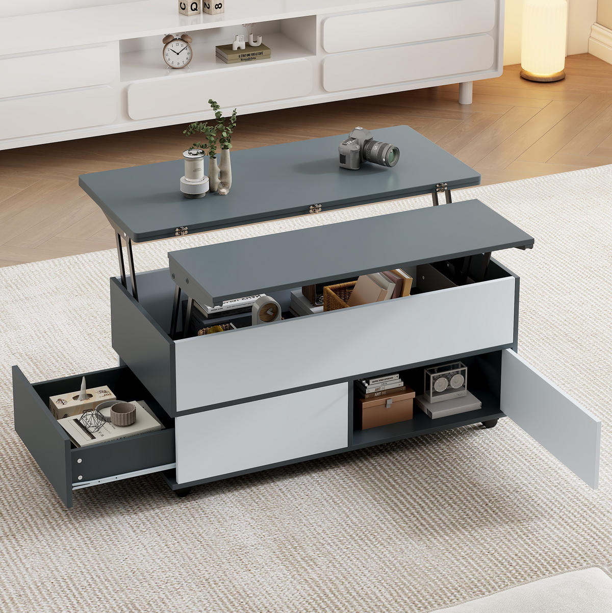 COUCHTISCH 100/98 cm höhenverstellbar mit Stauraum, Schublade und Rollen - Grau, Holzwerkstoff (100/98/65cm) - BEAOK