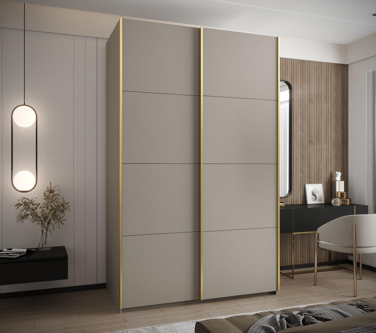 SCHWEBETÜRENSCHRANK 245,5/160/64 2-türig - Kaschmir/Goldfarben, Holz/Metall (160/245/64cm) - Abiks Möbel