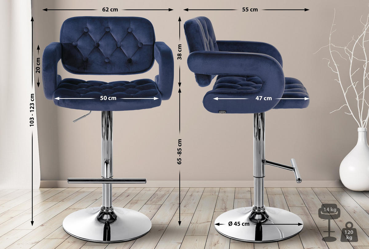 BARHOCKER Samt blau - Chromfarben/Blau, Textil (62/103/55cm) - CLP