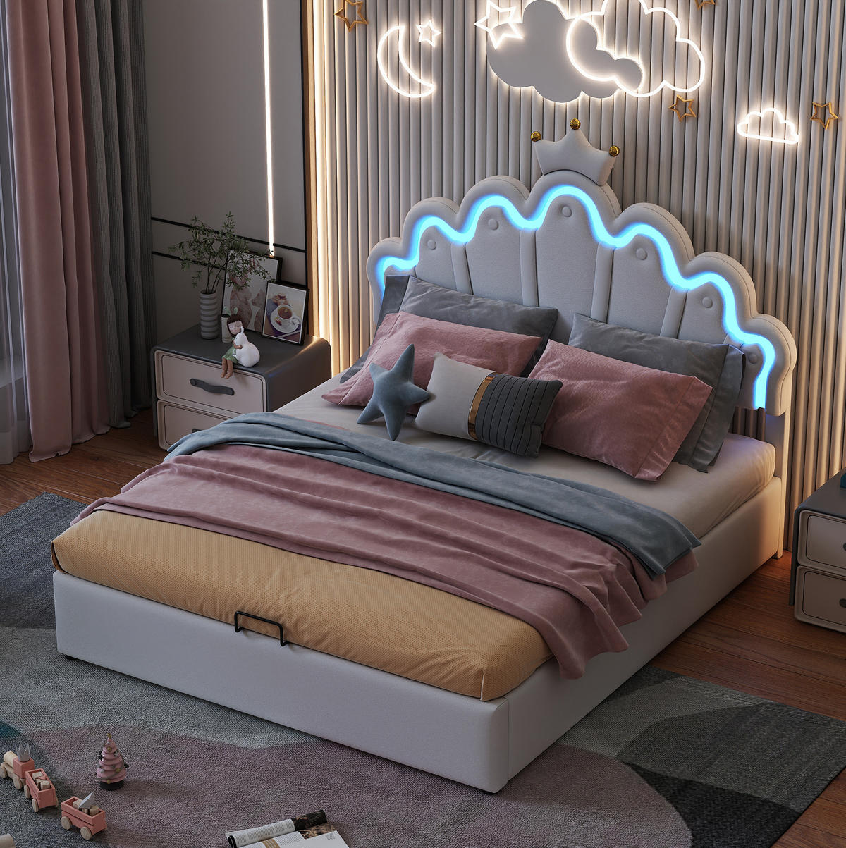 TAPECIRANI krevet 140/200 cm bijeli od PU umjetne kože s LED rasvjetom i spremištem - bijela, plastika (140/200cm) - OKWISH