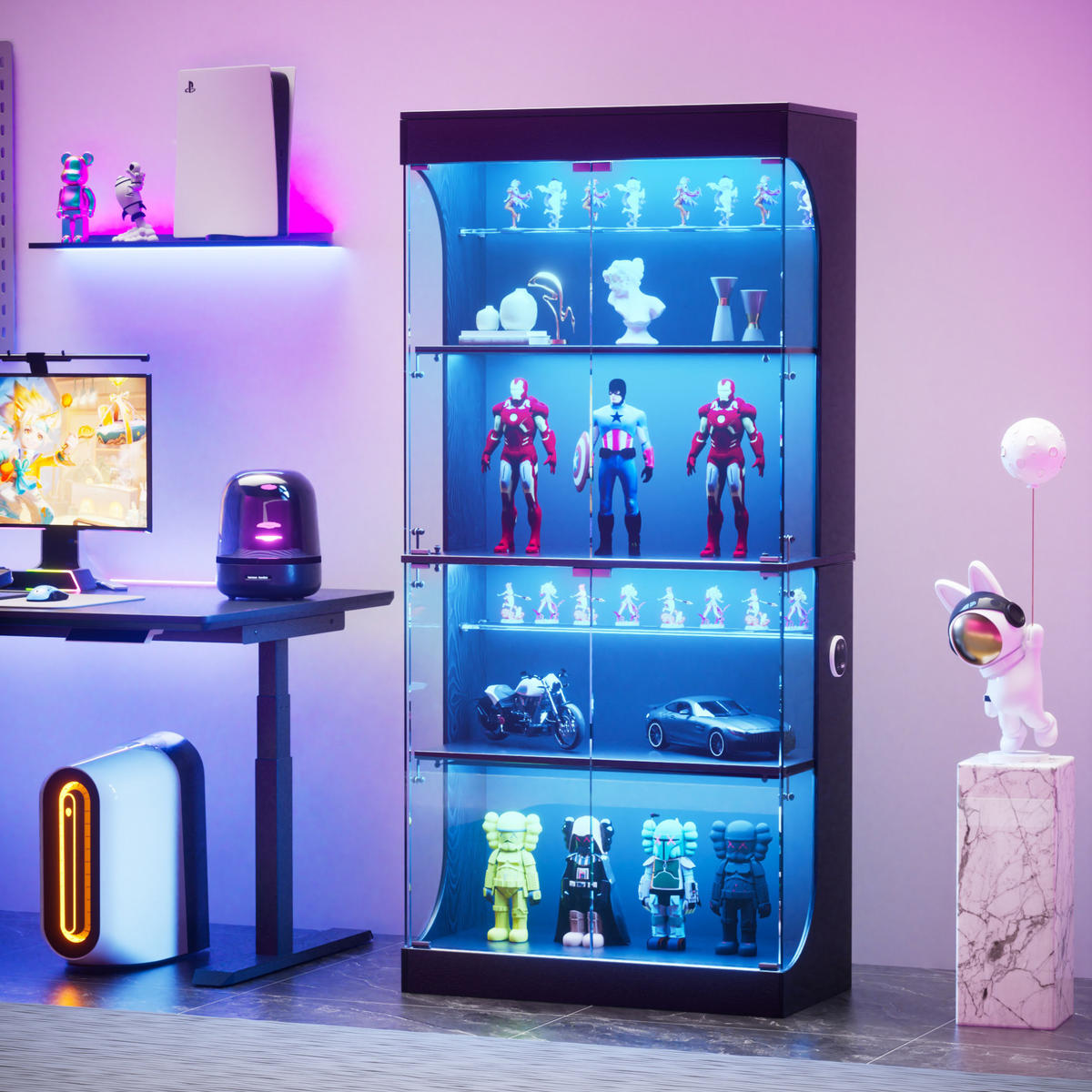 VITRINE 80/35/165 cm schwarz aus Glas und Holzwerkstoff mit LED und Ladestation - Schwarz, Glas (80/165/35cm) - OKWISH