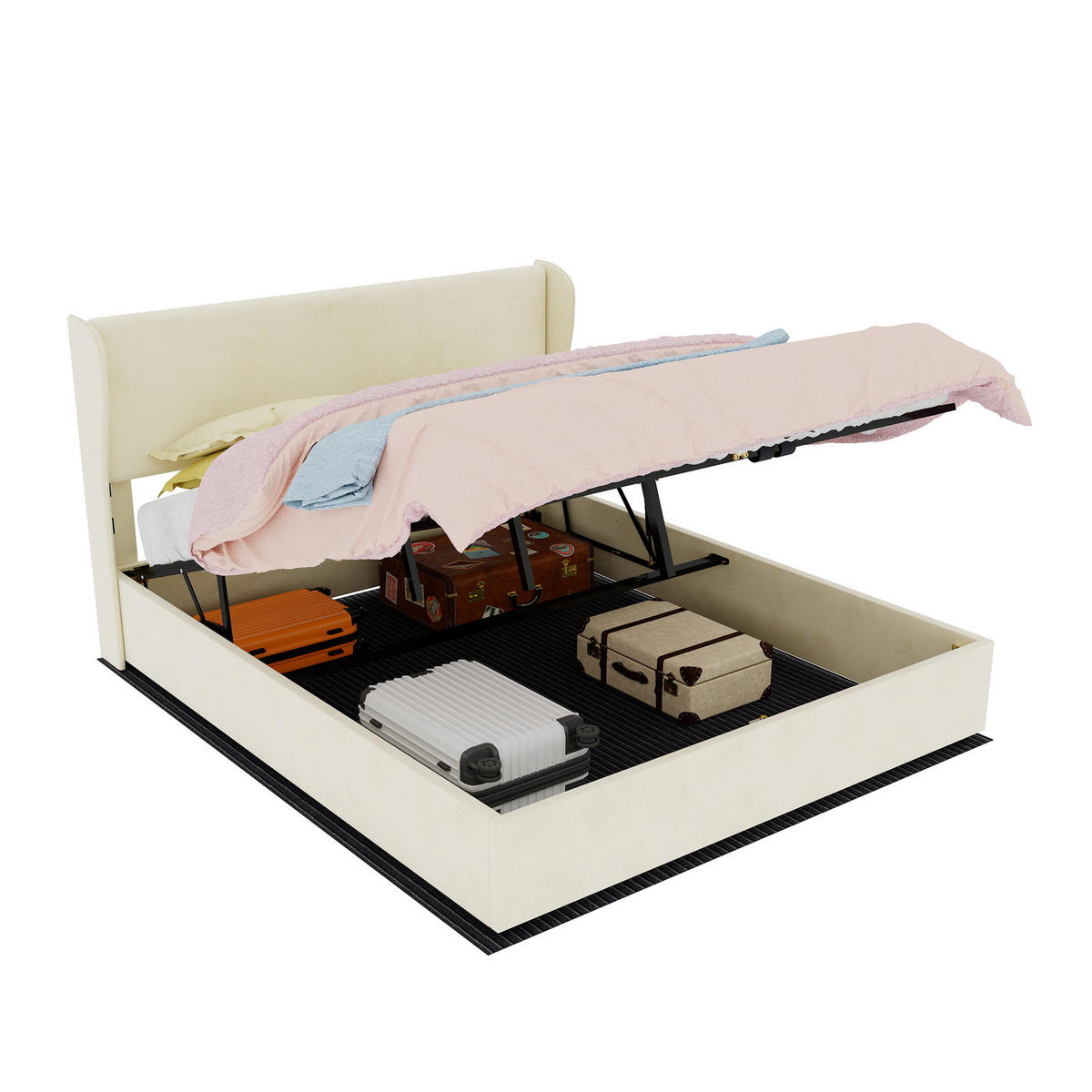 POLSTERBETT 160/200 mit Velourskopfteil und Stauraum in Beige - Beige, Holzwerkstoff/Textil (160/200cm) - EVRYAE