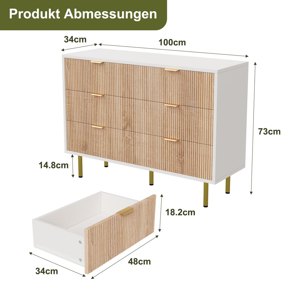 KOMMODE mit 6 Schubladen, Schubladenschrank Holz, in Naturholzfarbe + Weiß - Goldfarben/Naturfarben, Holz/Metall (34/73/100cm) - BPKADHY