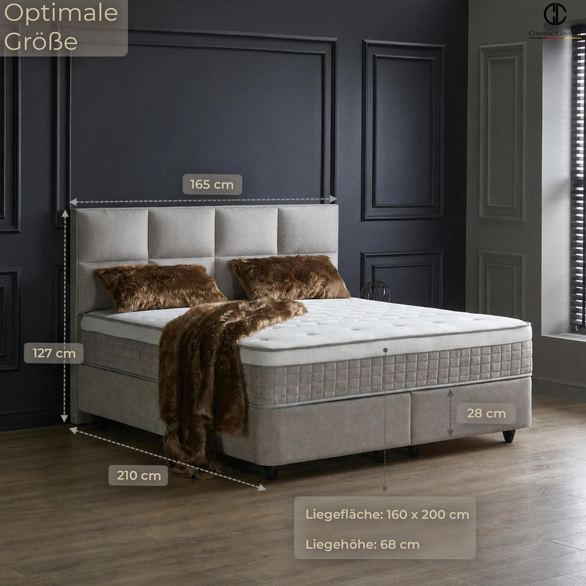 BOXSPRINGBETT MIT BETTKASTEN ARIANA 160/200 cm, Greige, mit Leuchten, Bettkasten, Matratze, Topper integriert, H3 mittel - Greige/Schwarz, Holz/Kunststoff (160/200cm) - Consilio Concept
