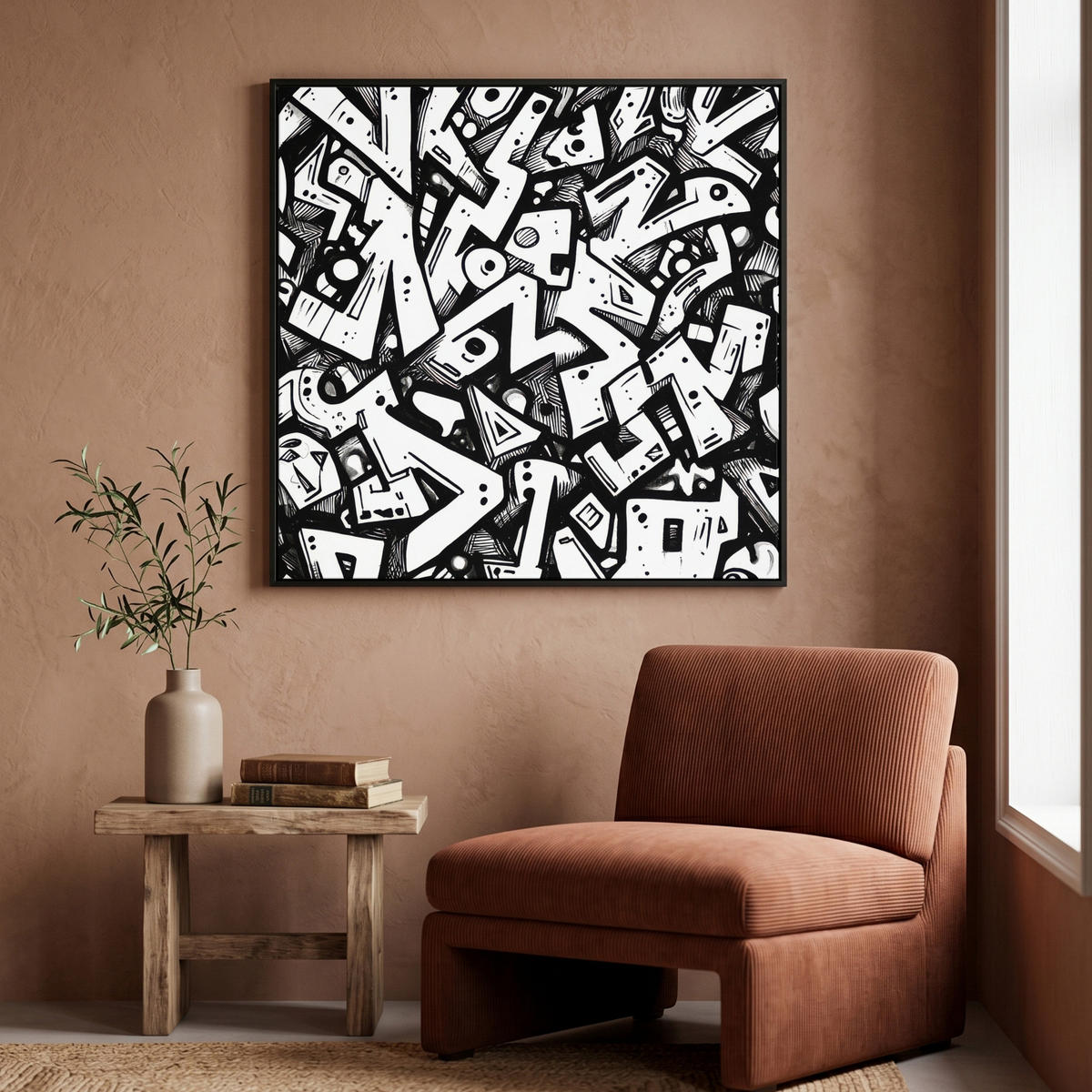 LEINWAND Bilder mit Rahmen - Formen - Buchstaben - Graffiti - Schwarz - 90x90 - Schwarz, Textil (90/90cm) - MuchoWow