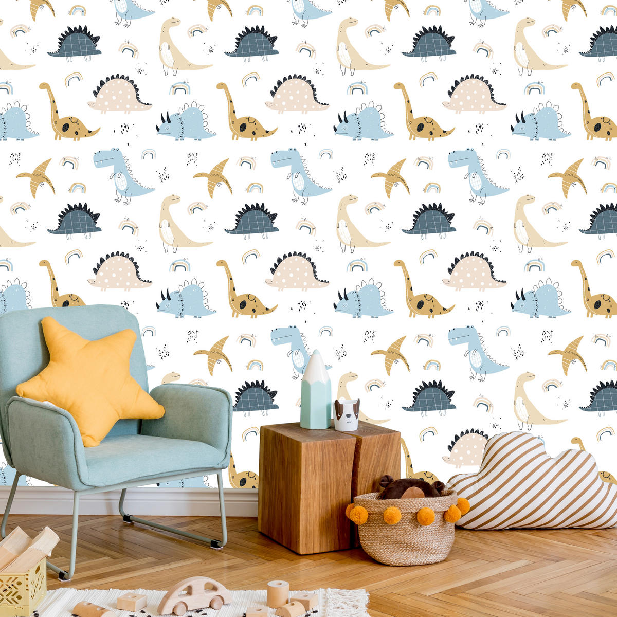 VLIESTAPETE Pastell-Dinosaurier – Blau, Beige, Weiß – 50x1000 cm - Blau/Beige, Papier (50/1000cm) - Muralo