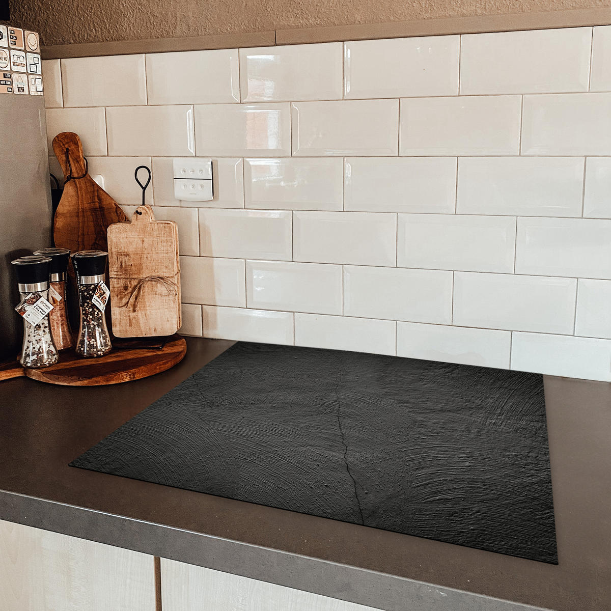 HERDABDECKPLATTE Beton - Schwarz - Industriell Herdabdeckung Induktionsfeld 65x52 cm - Anthrazit, Kunststoff (65/52/0.2cm) - MuchoWow