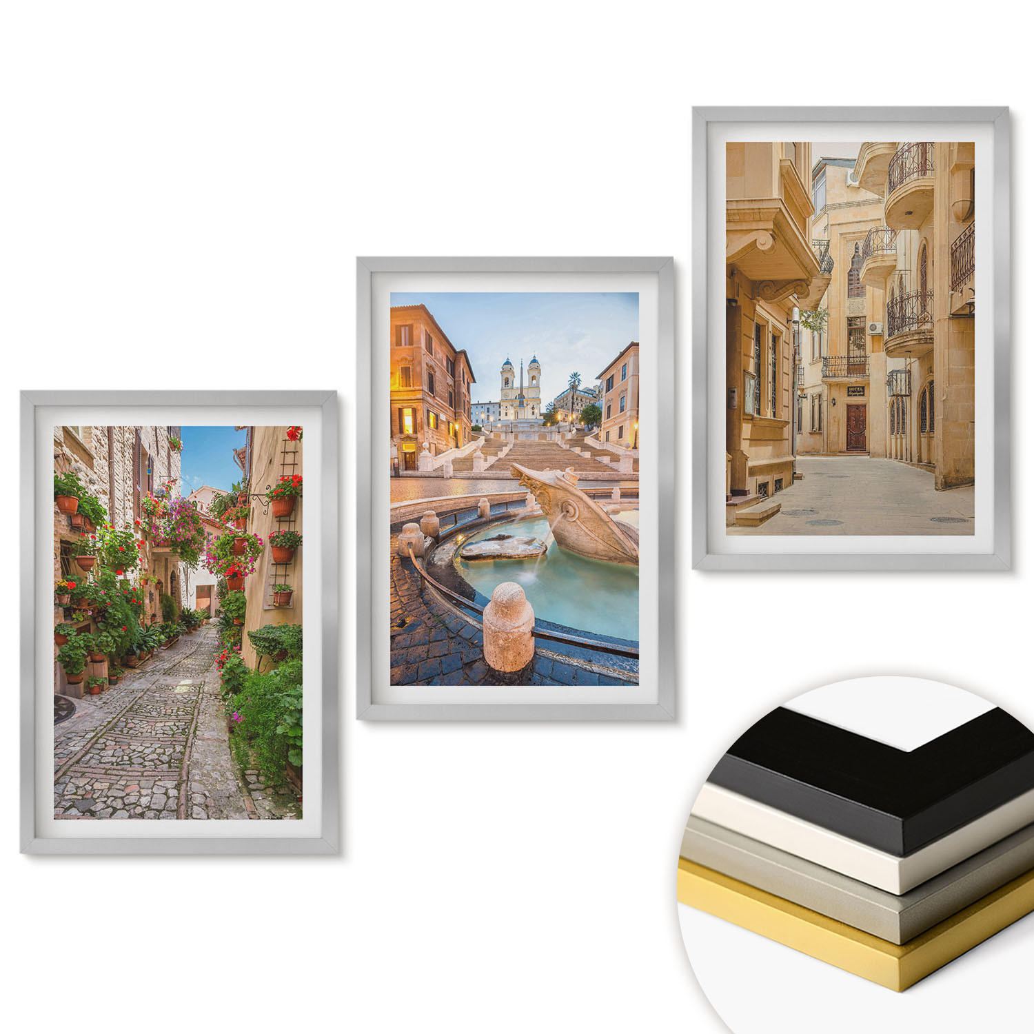 WANDBILDER 3er Set - 40x60 cm Silberner Rahmen - Die bezaubernden Straßen des Brunnens - Silberfarben, Kunststoff (40/60cm) - ArtPrintCave